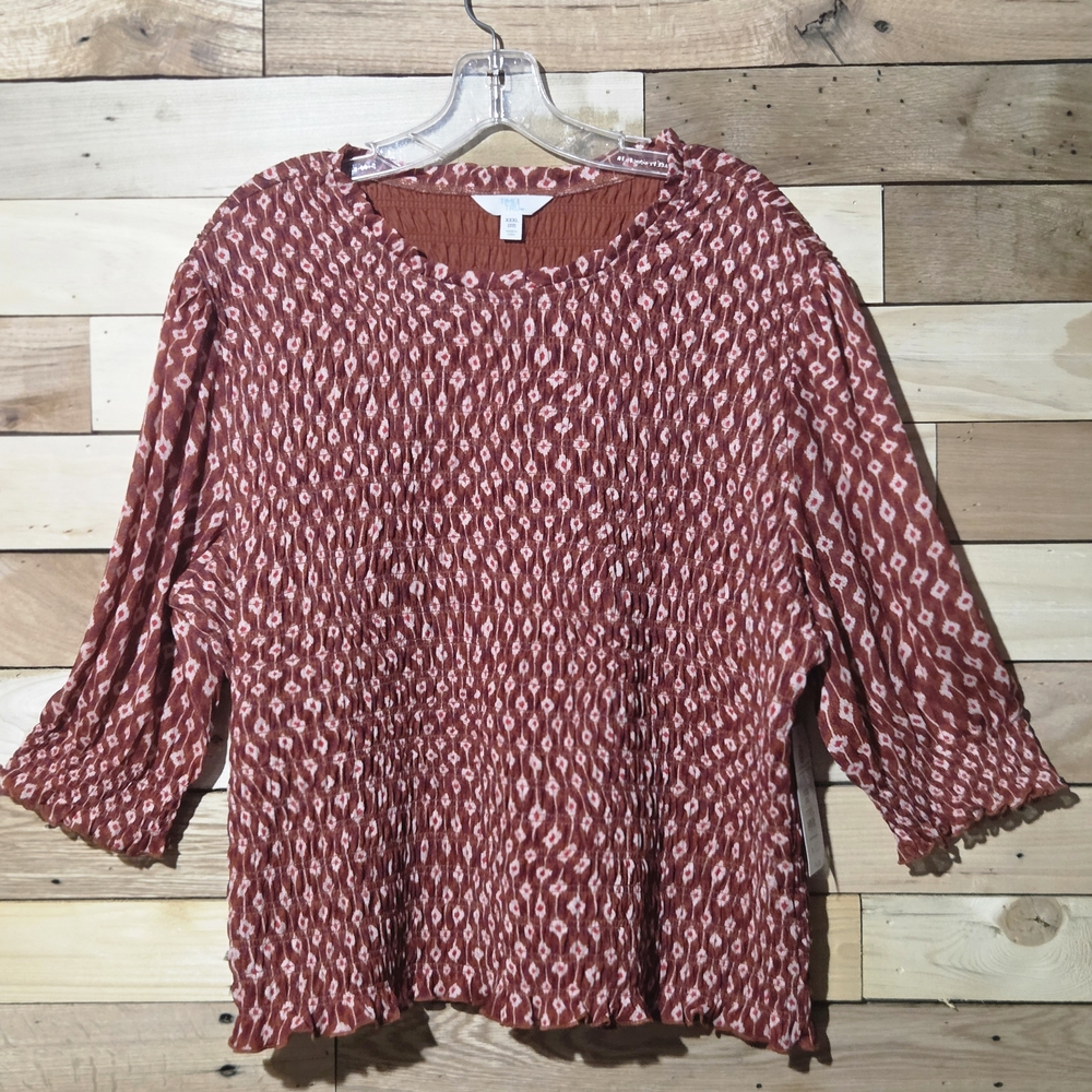NWT Smocked Bodice Top Blouse 3/4 Sleeve Boho Rust Ikat XXXL (22)
